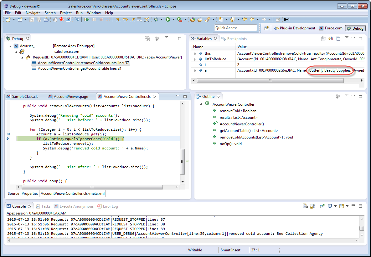 Debug perspective, showing in the Variables pane that the value of a is 'Butterfly Beauty Supplies'