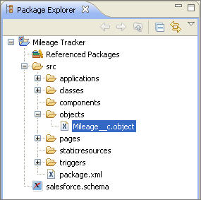 The Package Explorer tree view with the src/objects folder open and the Mileage custom object highlighted