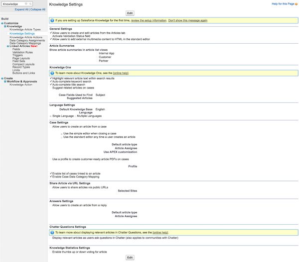 Knowledge Settings page