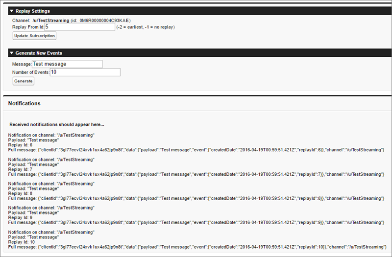 Visualforce sample that generates and replays past events