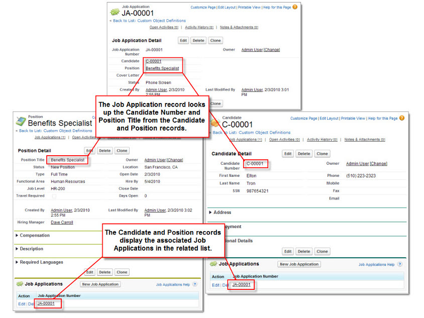 The Job Applications related list displayed on both the Candidate and Position record detail pages. The Job Application detail page also contains links to the Candidate and Position records.