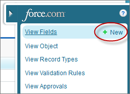 The quick access menu, with the New field link highlighted