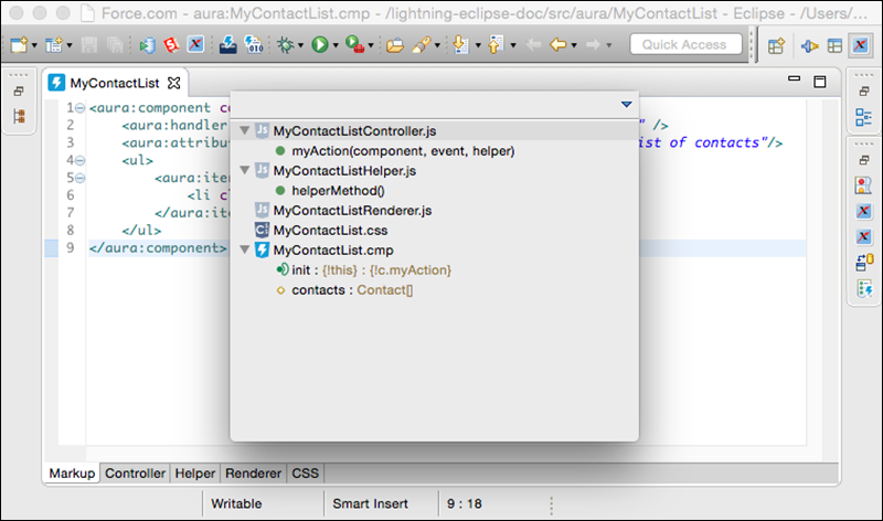 The Outline View shows files that are related to the current file