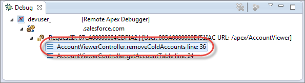 Debug pane in the Force.com IDE, showing the stack trace