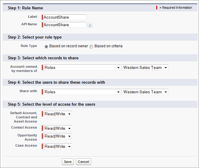 An account sharing rule that gives the Western Sales Team role access to accounts, contacts, opportunities, and cases