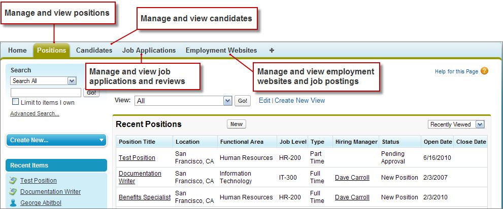 The Recruiting App tabs Positions, Candidates, Job Applications, and Employment Websites