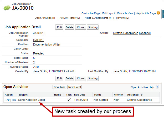 The Job Application detail page for JA-00007. The new Send Rejection Letter workflow rule is displayed under Open Activities.
