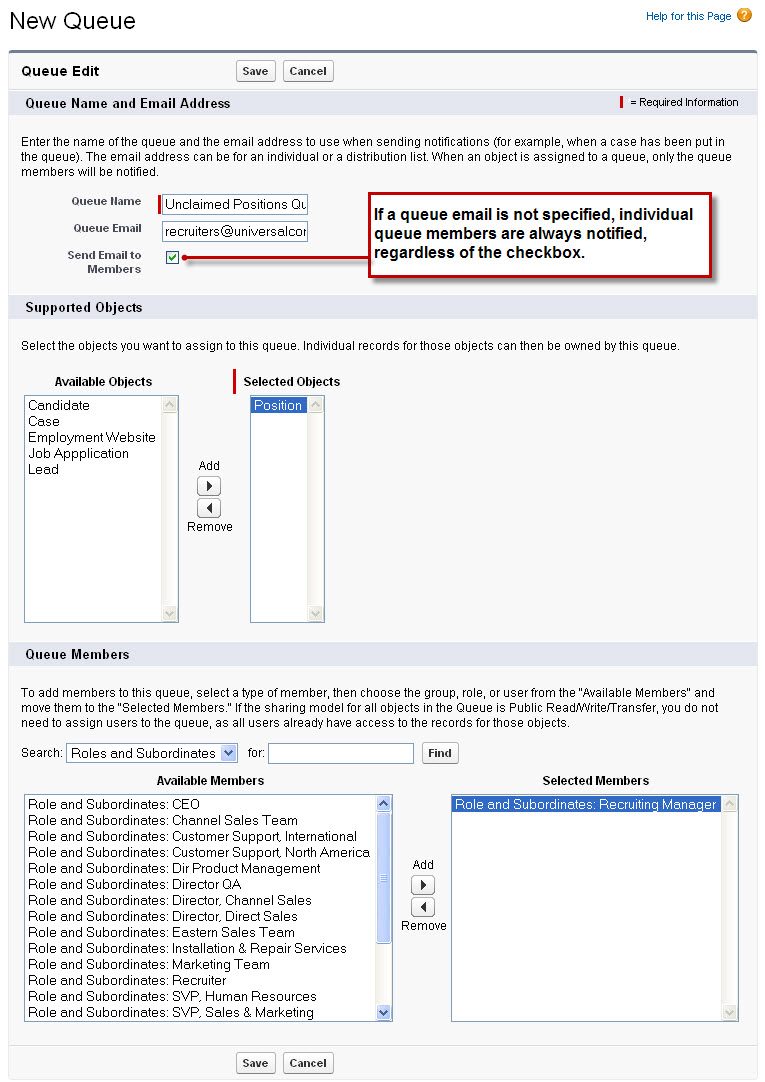 The New Queue page. Under Queue Name and Email Address, the Send Email to Members checkbox is selected.