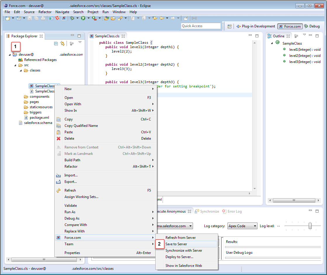 Force.com IDE perspective, showing offline project with class being saved to server