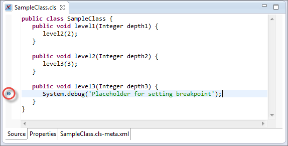 Source pane with breakpoint set in SampleClass.cls