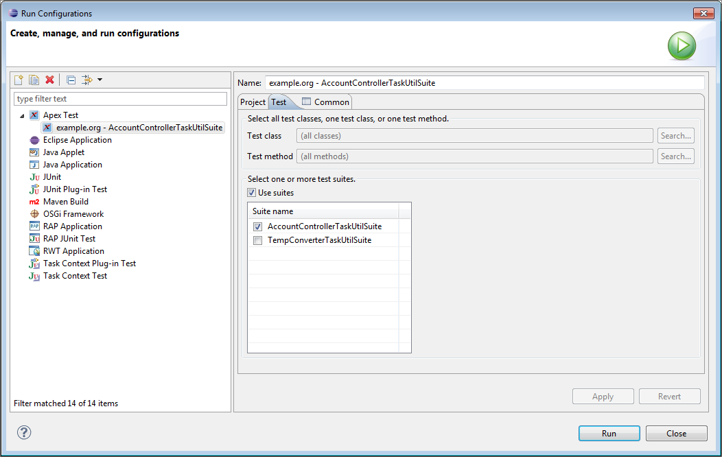 Run Configurations window: Test tab
