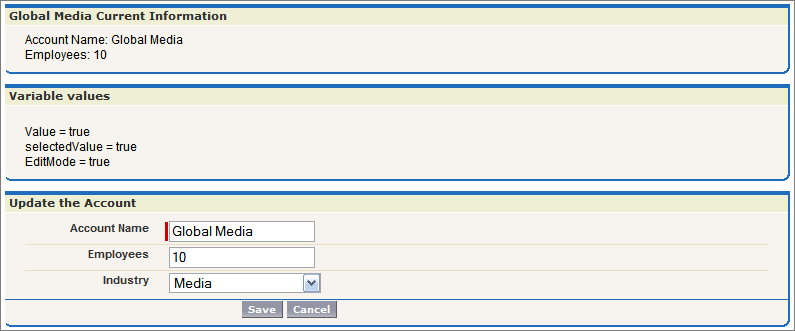 The page displayed as a result of a get request. The page displays an additional section called "Update the Account," and sets the key parameter to "true".