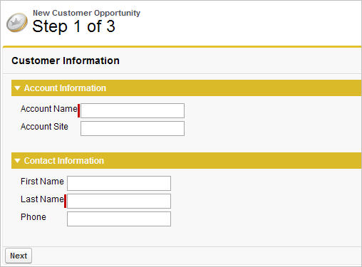 Step 1 of the New Customer Opportunity wizard. Two sections, called "Account Information" and "Contact Information", are displayed.