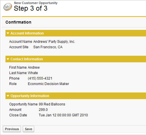 Step 3 of the New Customer Opportunity wizard. The filled-out sections "Account Information," "Contact Information," and "Opportunity Information" are displayed for review.