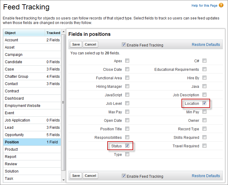 Feed tracking for the Positions custom object