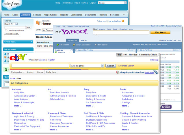 Screenshots of the Salesforce, Yahoo, and eBay multitenant applications