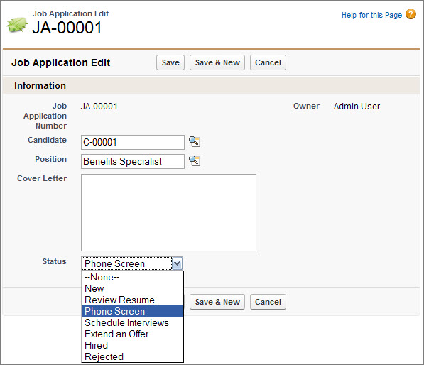 The Job Application detail page displaying a Status custom field