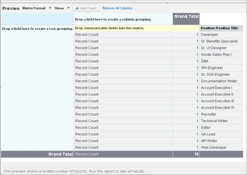 Step 2 of the Position Report Creation wizard where you specify row and column headings for summary information