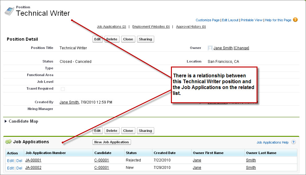 Diagram of the relationship between the Position and Job Application custom objects in a record detail page