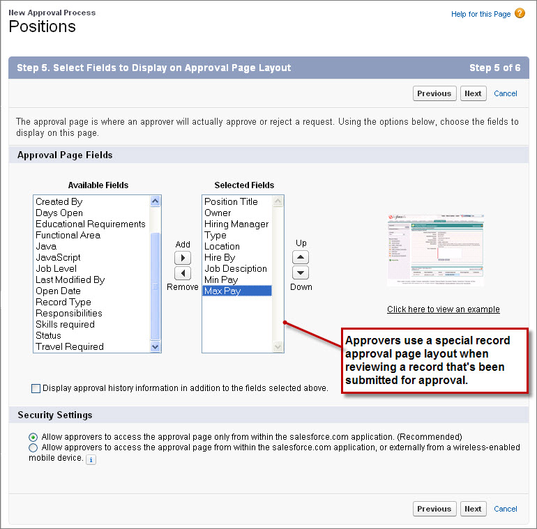 The New Approval Process page for the Positions object