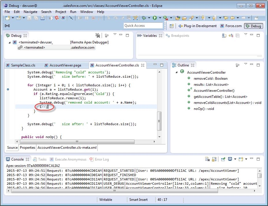 AccountViewerController.cls with i--; added to the end of its for loop's if statement