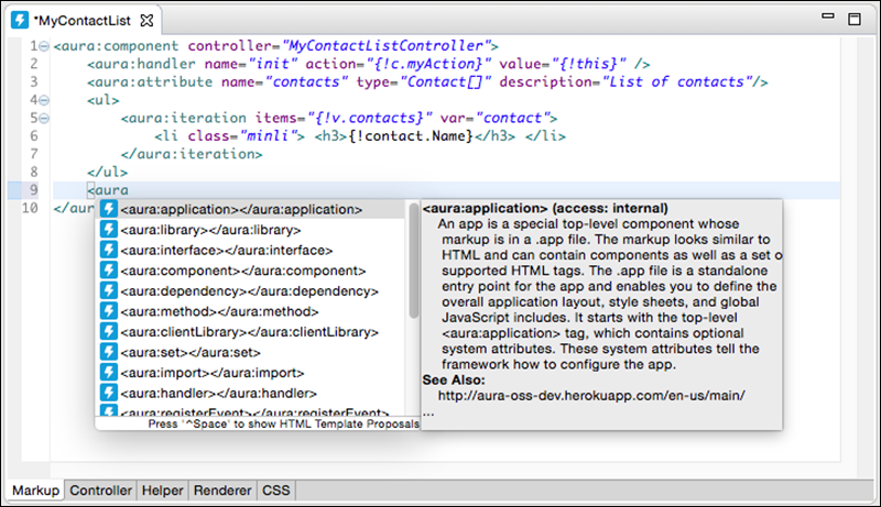 XML autocompletion in a .cmp file