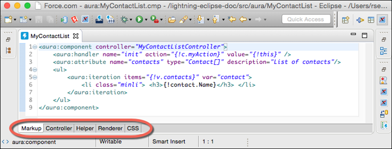 A .cmp file with tabs for its related Controller, Helper, Renderer, and CSS files displayed at the bottom of the panel