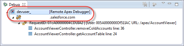 Debug pane with callout showing top two levels of stack trace