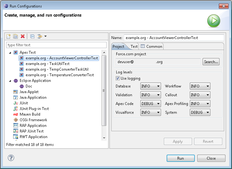 Run Configurations window: Project tab