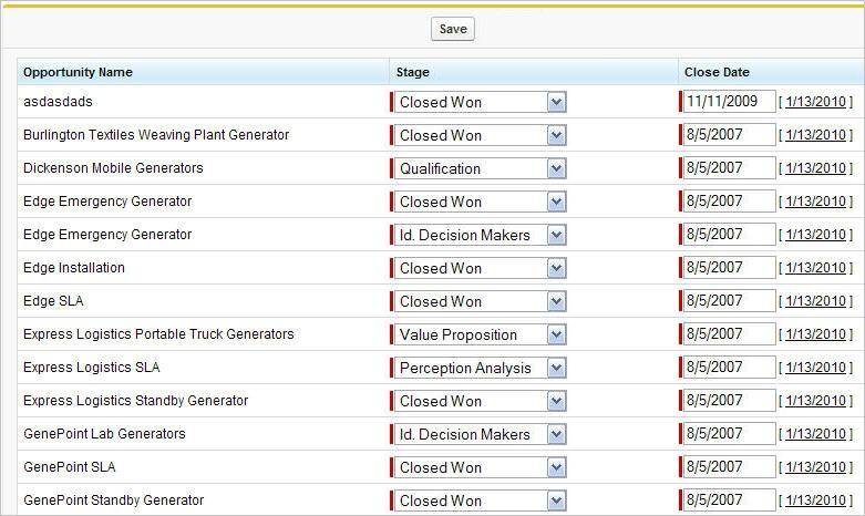 An Apex page containing a list of opportunities and edit fields for the stage and close date of those opportunities