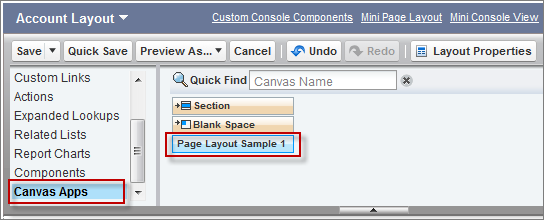Canvas App in the Page Layout Palette