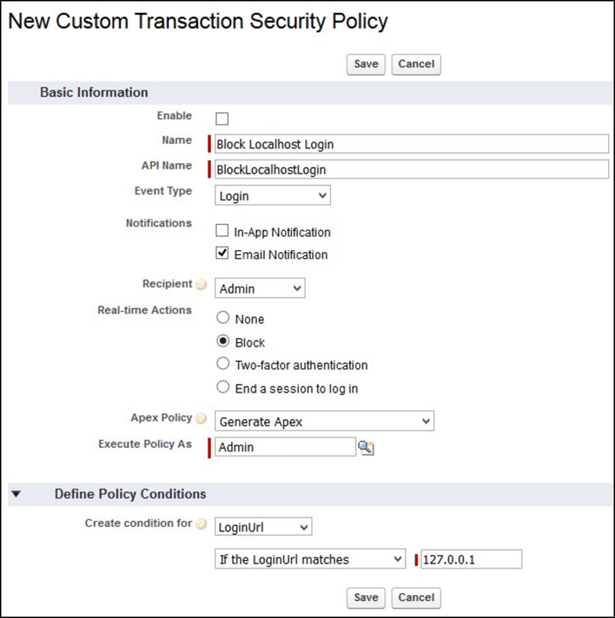 New Custom Transaction Security Policy page to set up Block Localhost Login policy