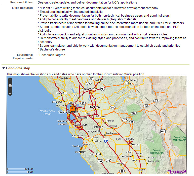 The Candidate Map Visualforce page, which contains a map of the San Francisco Bay Area