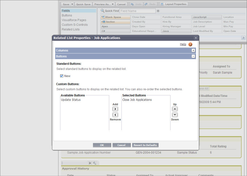 The Job Application related list properties page. The Buttons section is expanded.