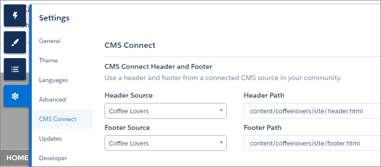 CMS Connect Header and Footer Settings