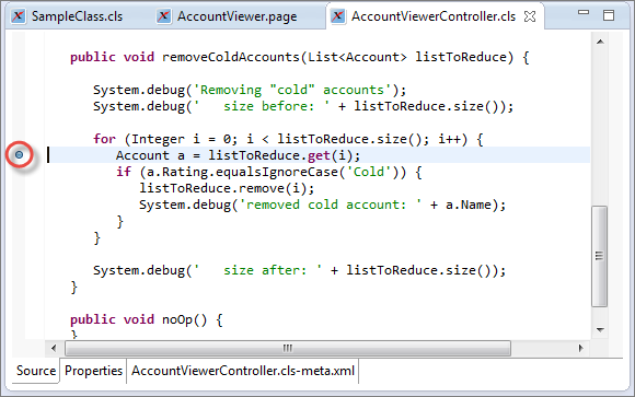 AccountViewerController.cls with breakpoint in removeColdAccounts method