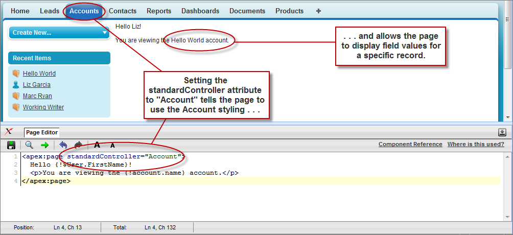 The Apex Page Editor, displaying "standardController="Account"" in the code window. The page view displays values for the Global Media account.