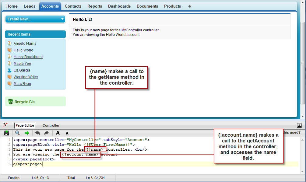 The Visualforce Page Editor. A custom controller is displayed in the code.