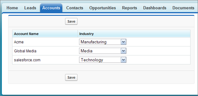 The Accounts tab, displaying the Acme, Global Media, and salesforce.com accounts. An Industry column displays drop-down lists used to select the corresponding industry.