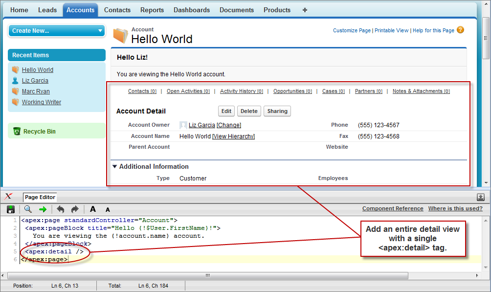 The Apex Page Editor, displaying aped:detail in the code window and an account detail view in the page view