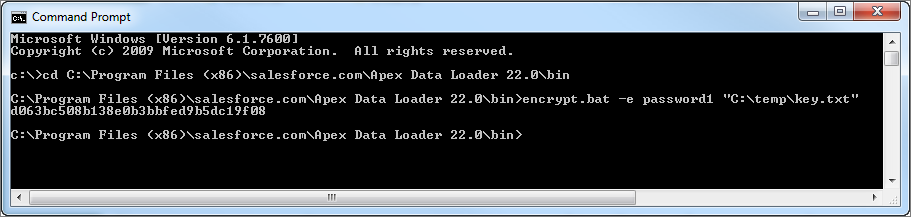 Command prompt window for creating an encrypted password.