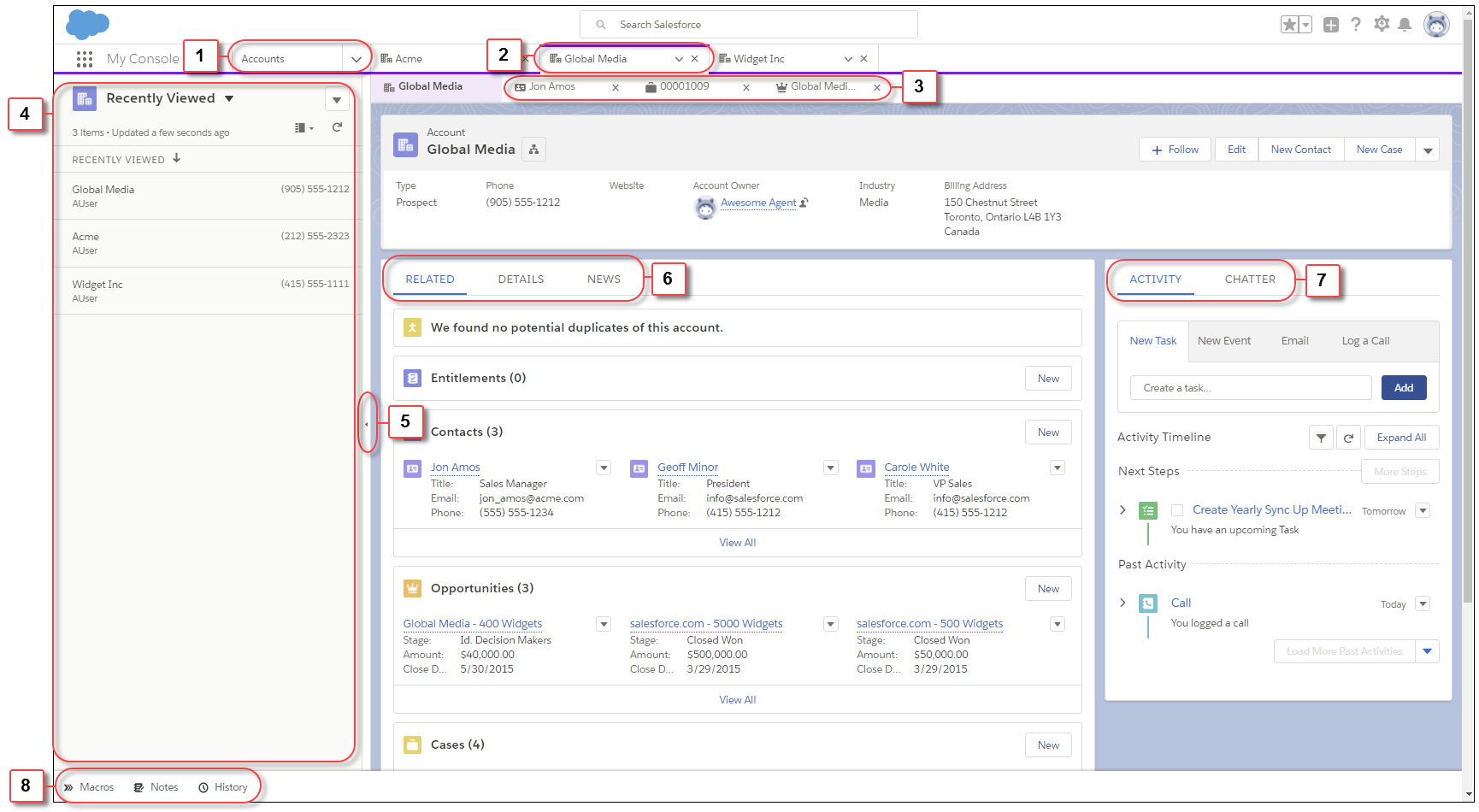 Screen shot of a custom Lightning console app.