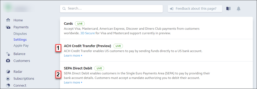 A view of the Payment Settings page in the Stripe dashboard with callouts around ACH and SEPA payment methods.