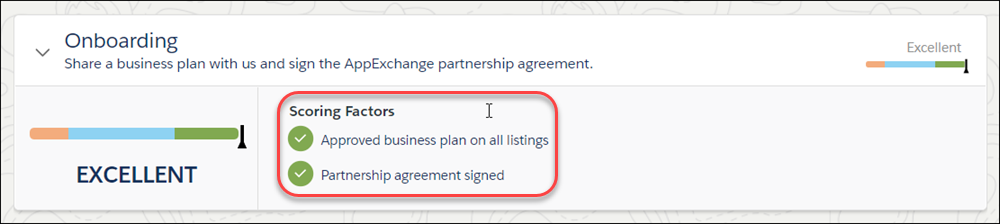 A view of the Onboarding category with a highlight around the scoring factors.
