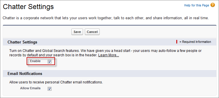 Chatter settings to enable Chatter for your organization