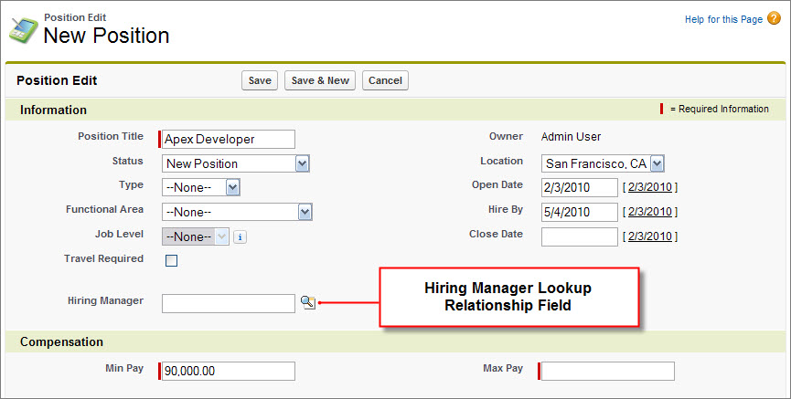The Position detail page for the Apex Developer position, displaying a callout to the Hiring Manager Lookup Relationship field