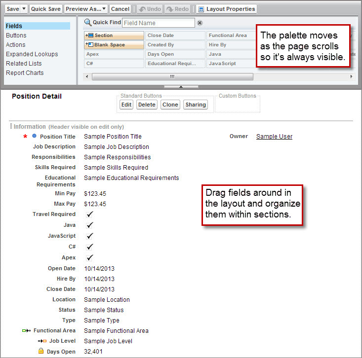 The Page Layout Editor for the Position object