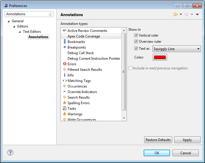 Annotations preferences for Apex code coverage