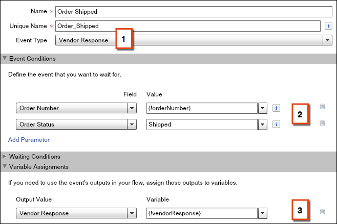 Screenshot of wait event configuration