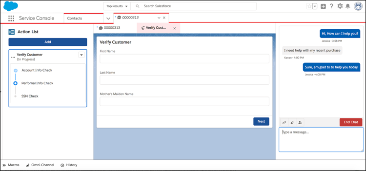 Screen shot of the Service Console set up with Lightning Guided Engagement and Live Agent.